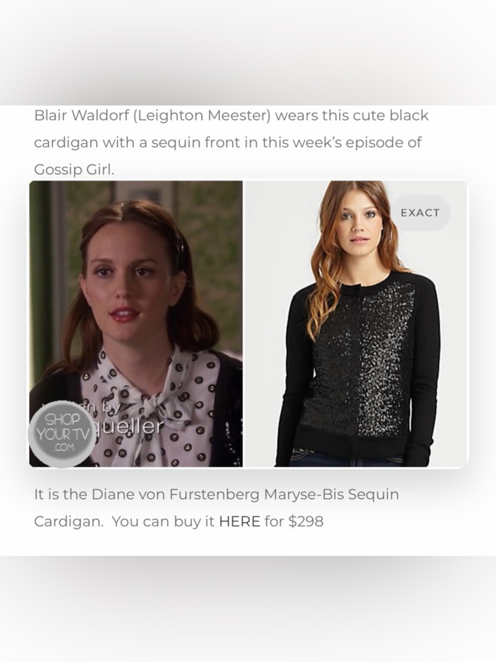 ASO Blair Waldorf Gossip Girl Diane Von Furstenberg Black Sequin Cardigan